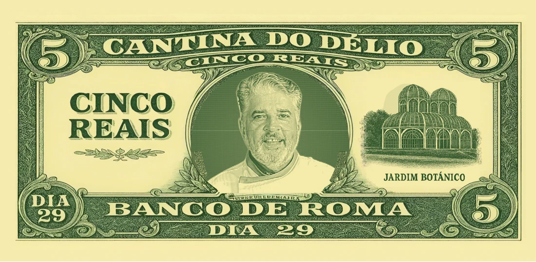 Nota de cinco reais da Cantina do Délio, com o Délio no lugar do retrato e a inscrição Banco de Roma, dia 29